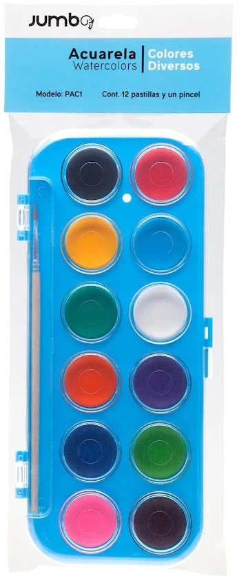 Acuarelas en Plástico c/Pincel Colores c/12 Jumbo® PAC1 [Estuche]