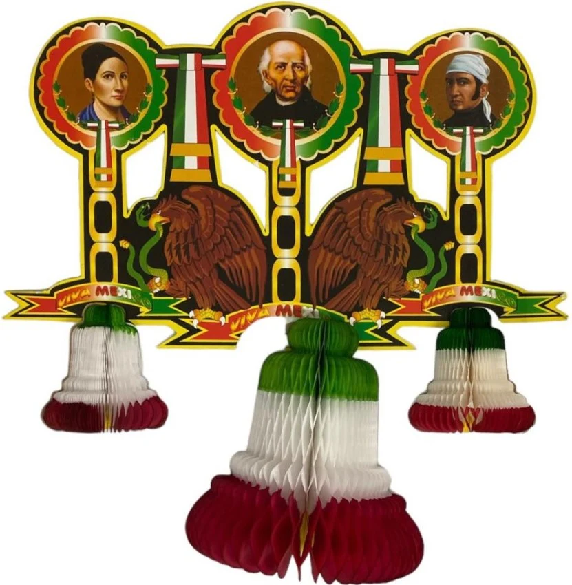 Adorno Fiestas Patrias Campana Triple c/Héroes 1p Tricolor 31×36cm Papel Picado® C019 [Pieza]