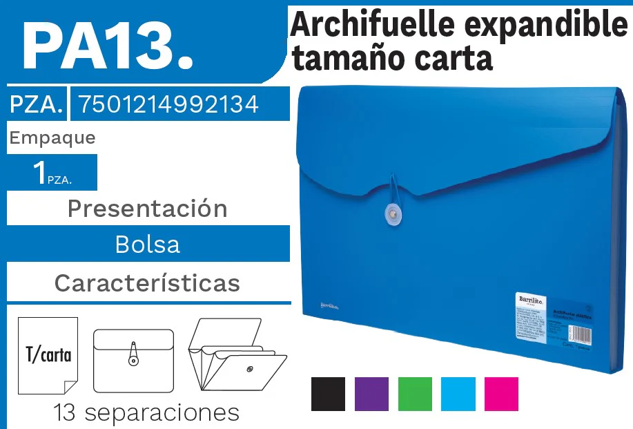 Archifuelle Plástico Expandible 13 Espacios Colores Carta Barrilito® PA13. [Pieza]