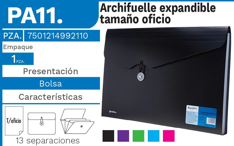 Archifuelle Plástico Expandible 13 Espacios Colores Oficio Barrilito® PA11. [Pieza]