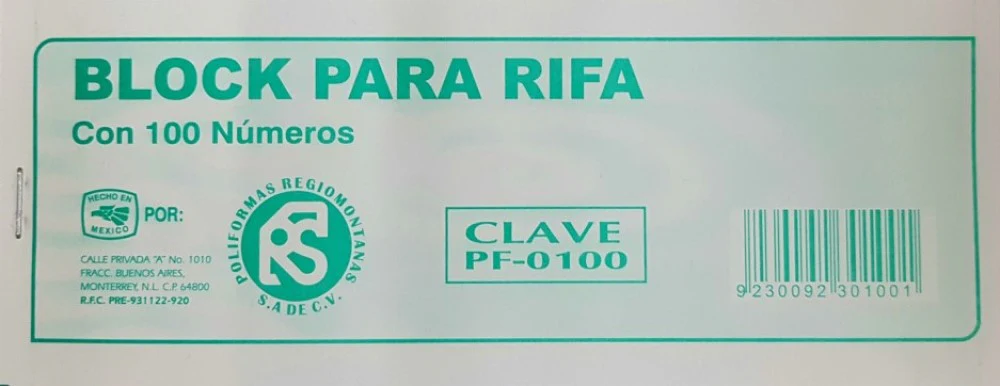 Block Boletos p/Rifa c/Folio c/100 7.2×21.5cm Poliformas® PF-0100 [Pieza]