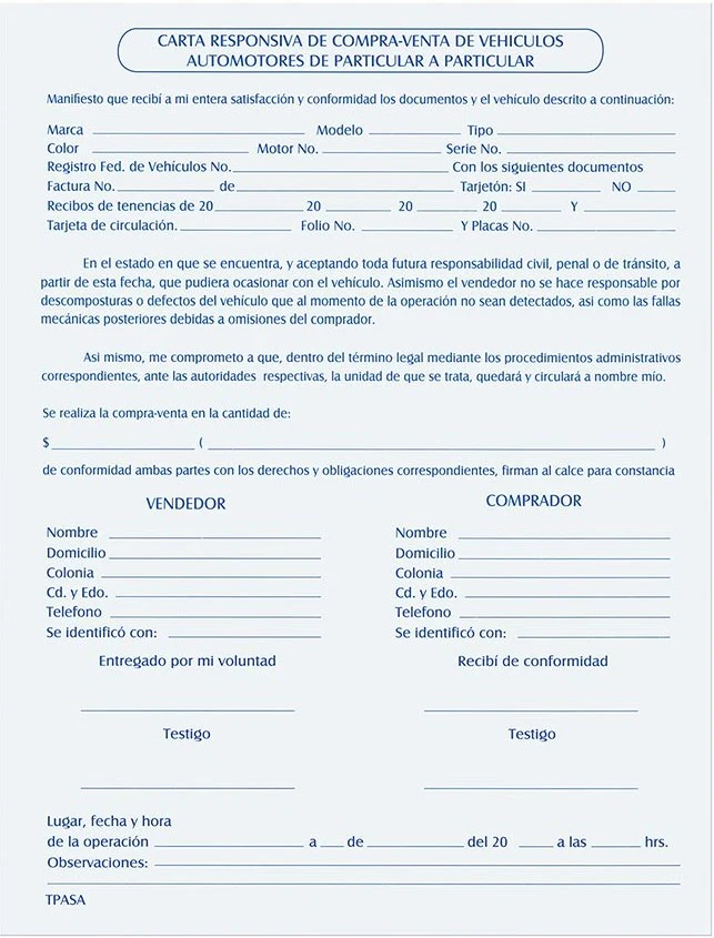 Block Carta Responsiva Compra-Venta de Vehículos 50 hojas Pinos Altos® CR [Pieza]