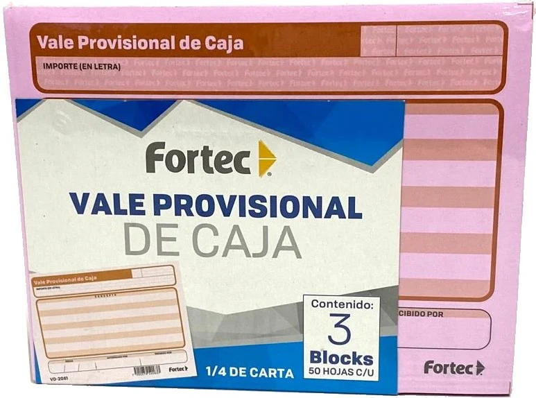 Block Vale Provisional de Caja c/3 50 hojas ¼ Carta Fortec® VD-2051 [Paquete]