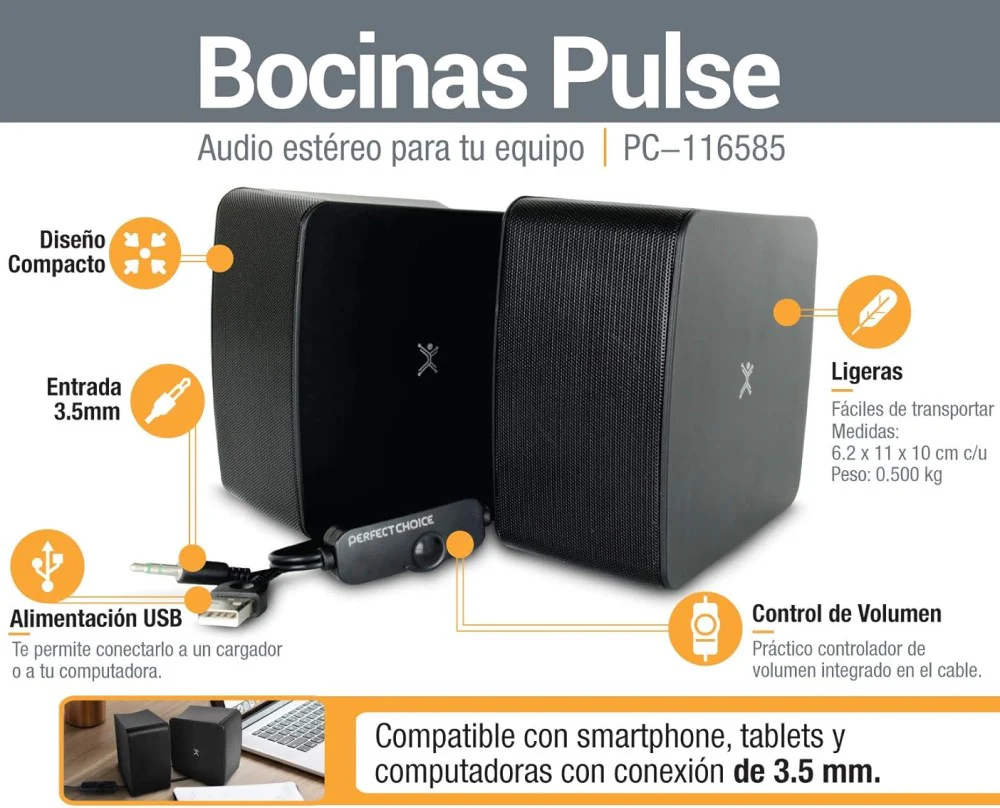 Bocinas para PC Estéreo Pulse 3.5mm plug USB-A power Negro Perfect Choice® PC116585 [Pieza]