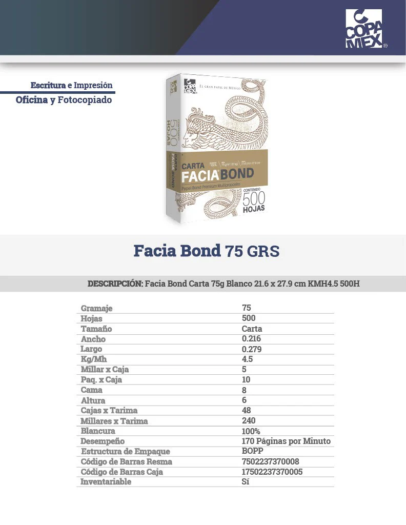 Bond 37kg 50kg Blanco 100% Facia paquete c/500 75g Copamex® [Resma] - Image 2