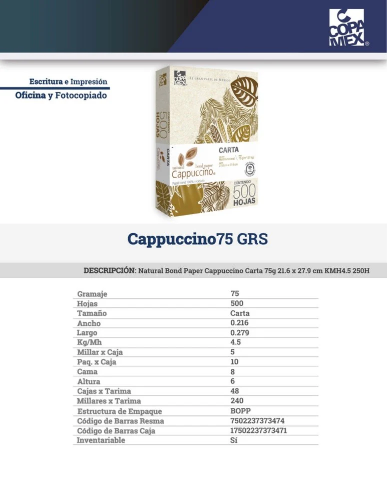 Bond Cartulina Cappuccino 41kg 37kg 50kg 140kg  Cappuccino Natural Bond Paper c/500 Copamex® [Hoja/Resma] - Image 4