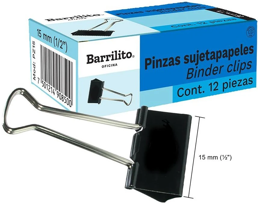 Broche Sujeta Papel  c/12  Negro Binder Clip Barrilito® [Caja]