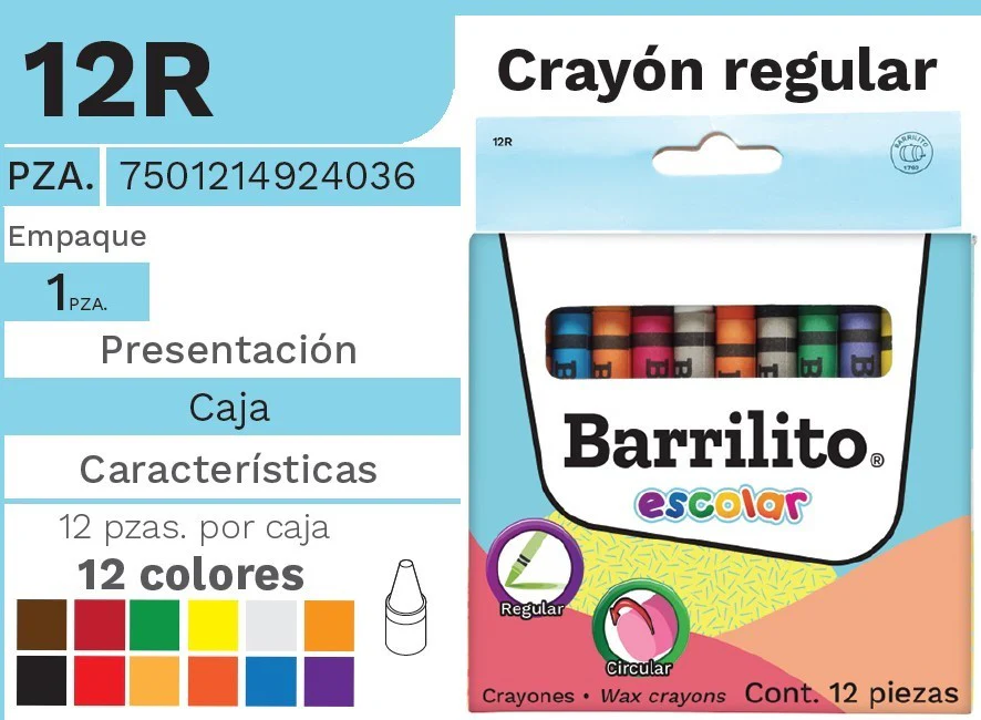 Crayón Escolar Colores Est.c/12 Barrilito® 12R [Estuche] - Image 2
