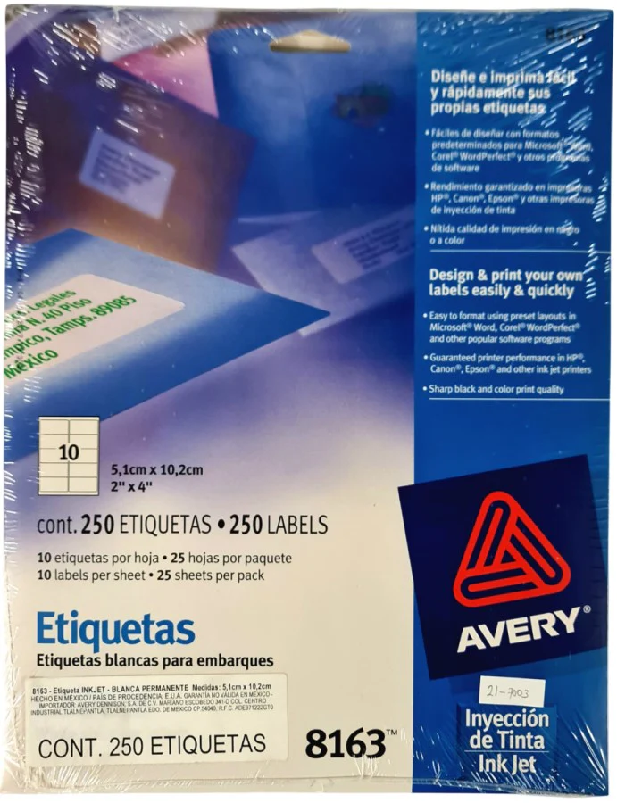 Etiqueta p/Impresora Ink-Jet c/250 10 × Hoja 25hjs Blanco 2×4" Avery® 8163 [Sobre]
