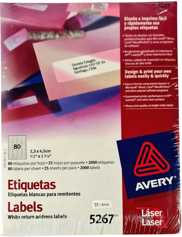 Etiqueta p/Impresora Láser c/2000 80 × Hoja 25hjs Blanco ½×1¾" Avery® 5267 [Sobre]