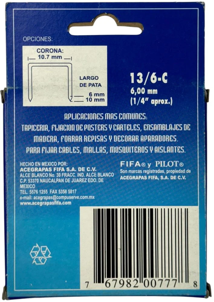 Grapa p/Clavadora Pilot® Corona 10.7mm pata 6mm ¼" c/1000 Fifa® 13/6-C [Caja] - Image 2