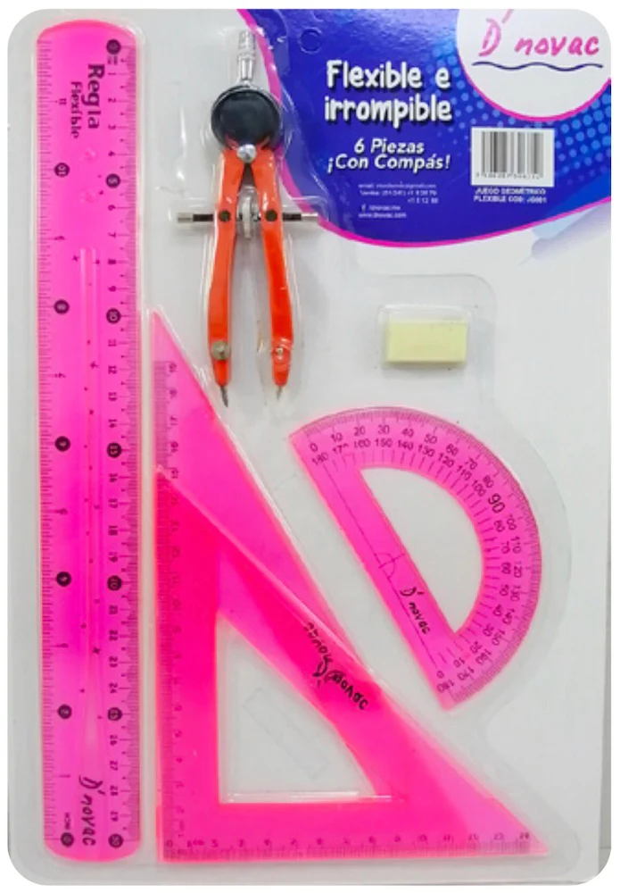 Juego de Geometría Flex Flexible c/Compás Metal Colores Trasnpa D'novac® [Paquete]