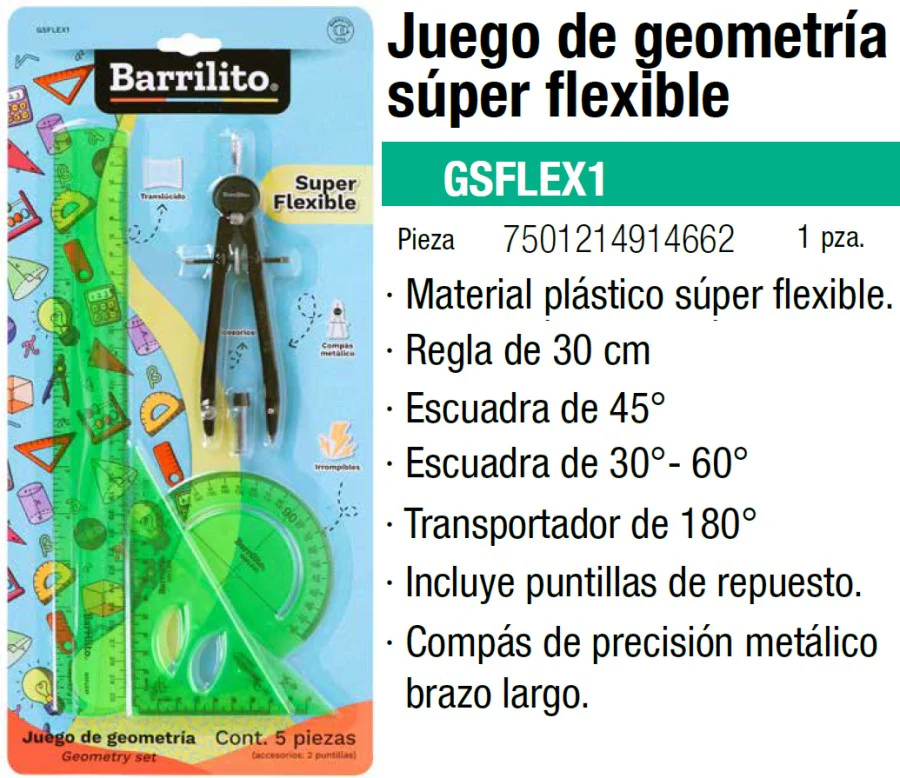 Juego de Geometría Flex SuperFlexible c/Compás Me Verde Barrilito® [Pieza]