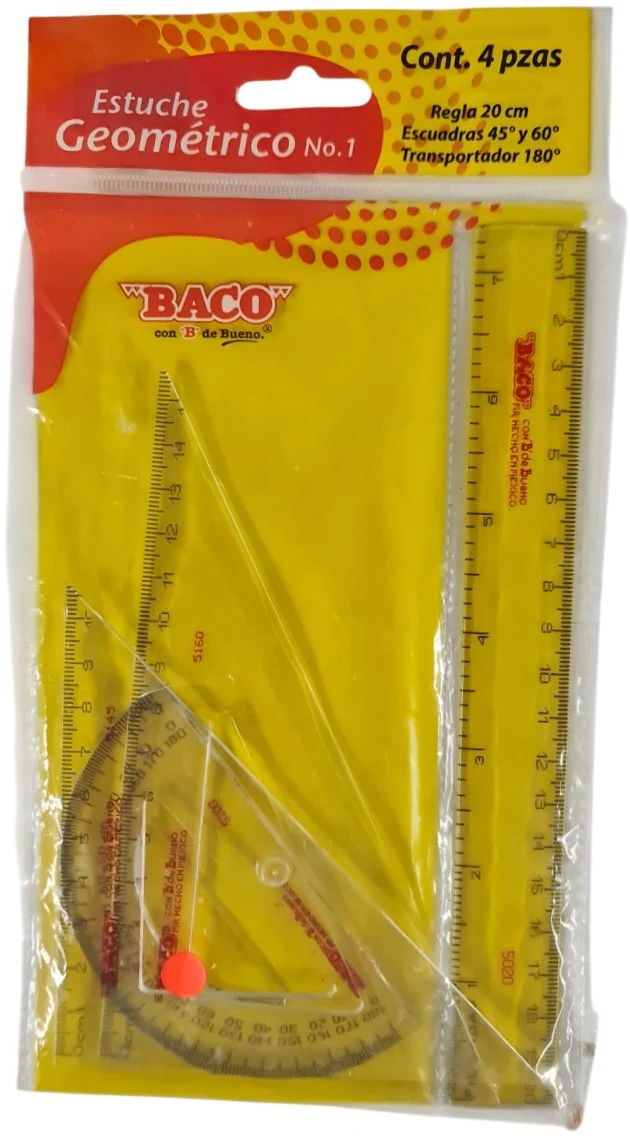 Juego de Geometría Nº1 sin compás en Vinilo 20cm Transparente 25.5×14cm Baco® EG001 [Pieza]