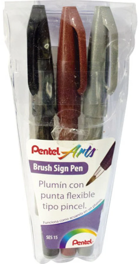 Marcador base Agua Brush Sign Pen Negro,Café,Gris Est.c/3 Proesa® SES15C-AEN-EST [Estuche]