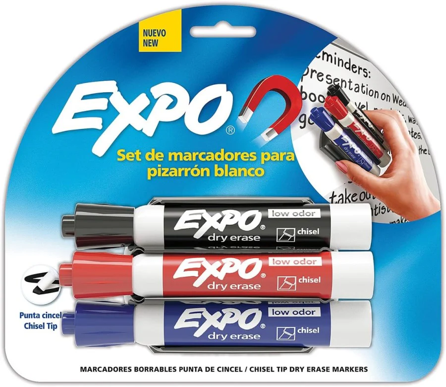 Marcador p/Pizarrón punta cincel c/Borrador Azul/Negro/Rojo Est.c/3 Expo® 1933178 [Paquete]