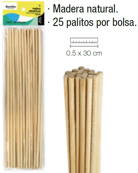Palitos Madera Cilíndrico c/25 Natural 300×Ø 5mm Barrilito® PM3005 [Bolsa]