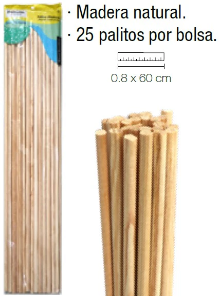 Palitos Madera Cilíndrico c/25 Natural 600×Ø 8mm Barrilito® PM6008 [Bolsa]