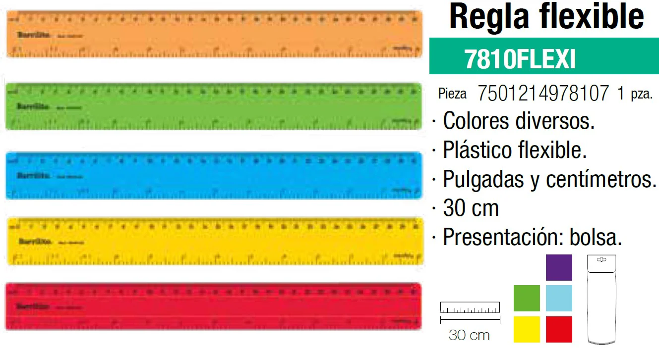 Regla Flexible 30cm Colores Solidos Barrilito® 7810FLEXI [Pieza]