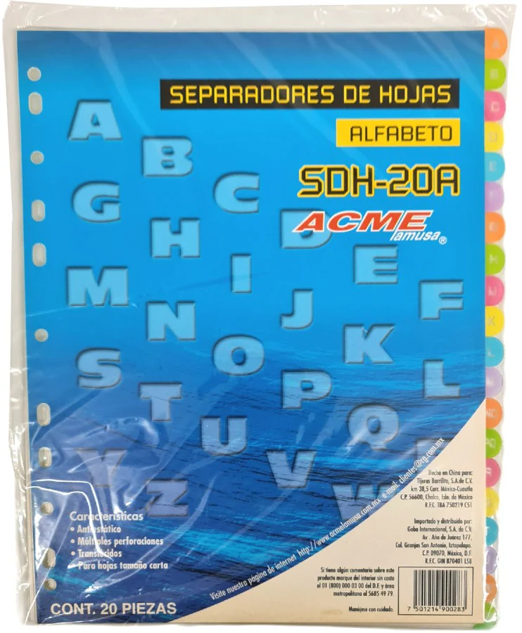 Separador Hojas p/Carpeta Alfabético A-Z c/20 Blanco colorTap Carta Barrilito® SDH20A [Bolsa de plástico]