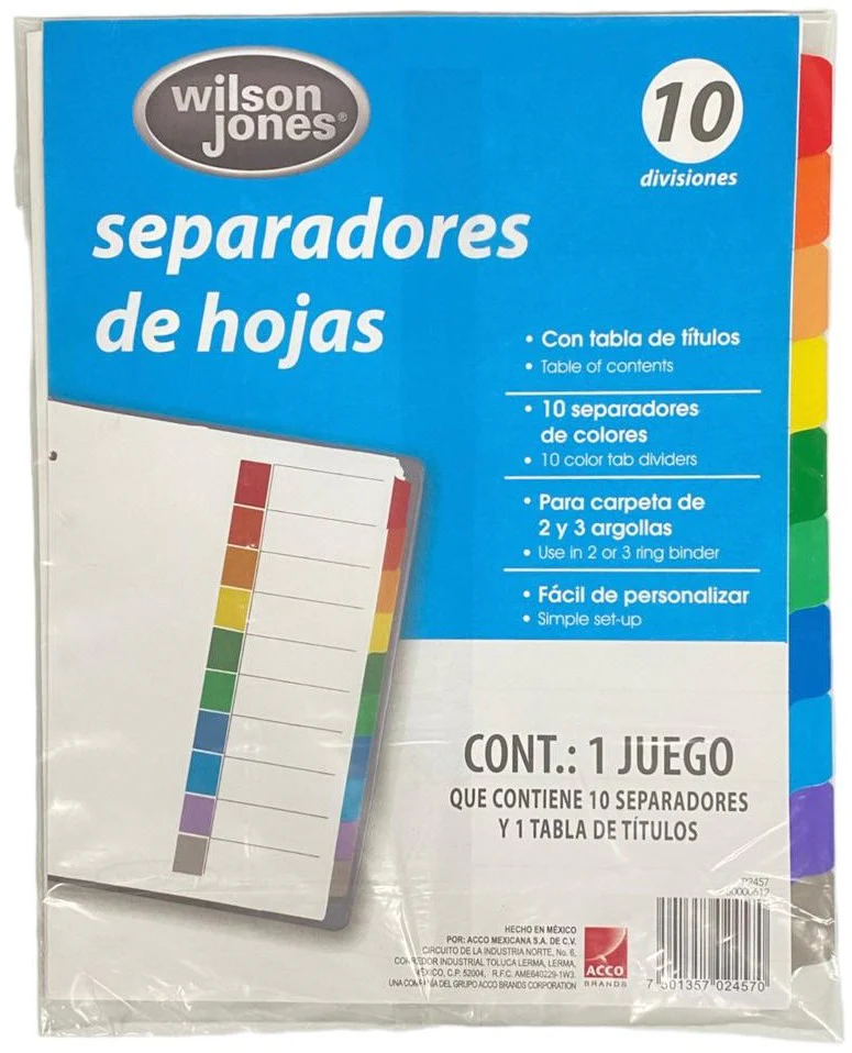 Separador Hojas p/Carpeta c/Indice Numérico 1-10 c/10 Blanco colorTap Carta ACCO® P2457 [Bolsa de plástico]