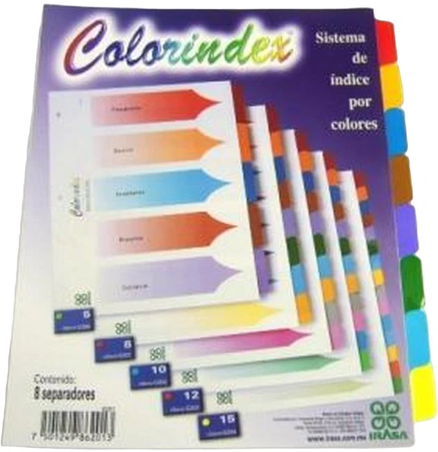 Separador Hojas p/Carpeta Coloríndex c/Indice c/8 Blanco colorTap Carta Irasa® 6201 [Bolsa de plástico]