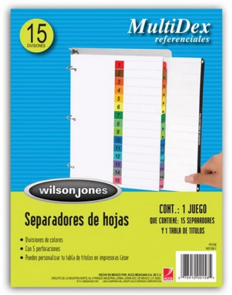 Separador Hojas p/Carpeta Multidex Numérico 1-15 c/15 Blanco colorTap Carta ACCO® P0446 [Bolsa de plástico]
