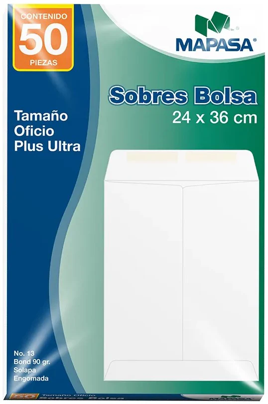 Sobre Bolsa 13 Oficio paquete c/50 60kg Blanco Bond 24×36cm Mapasa® IA0313