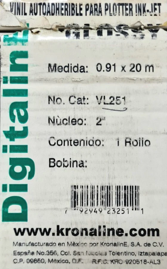 Vinil Rollo Leer Nota Inkjet Glossy N/2" .91×20m KronalinE® VL251 [Rollo]